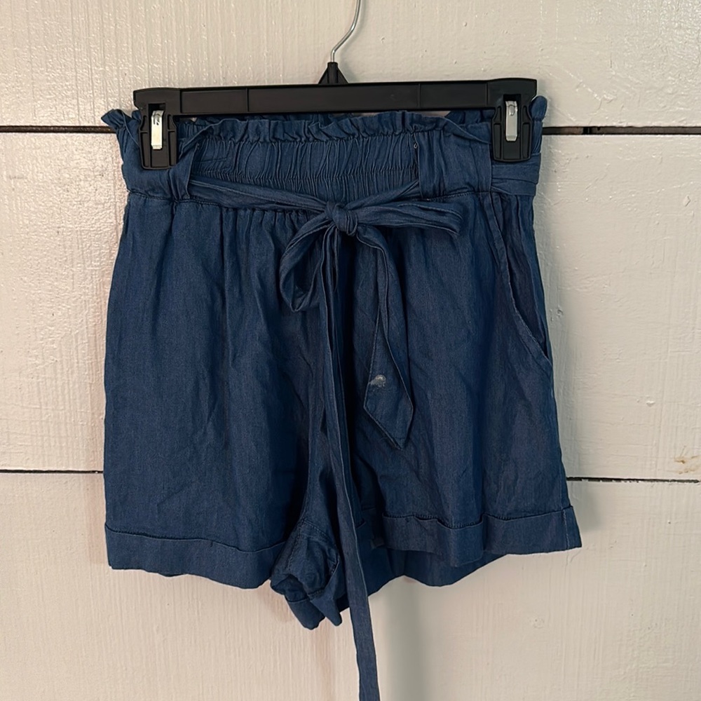 Cotton PaperBag Highwaisted Shorts Denim Blue Color